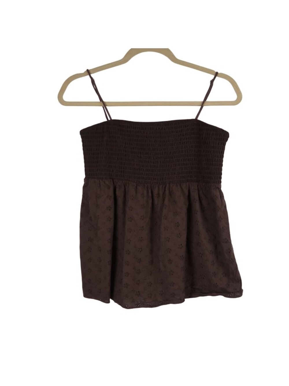 ✨3/$30 Faded Rose M Brown Smocked Eyelet Spaghetti Strap Babydoll Top Y2K